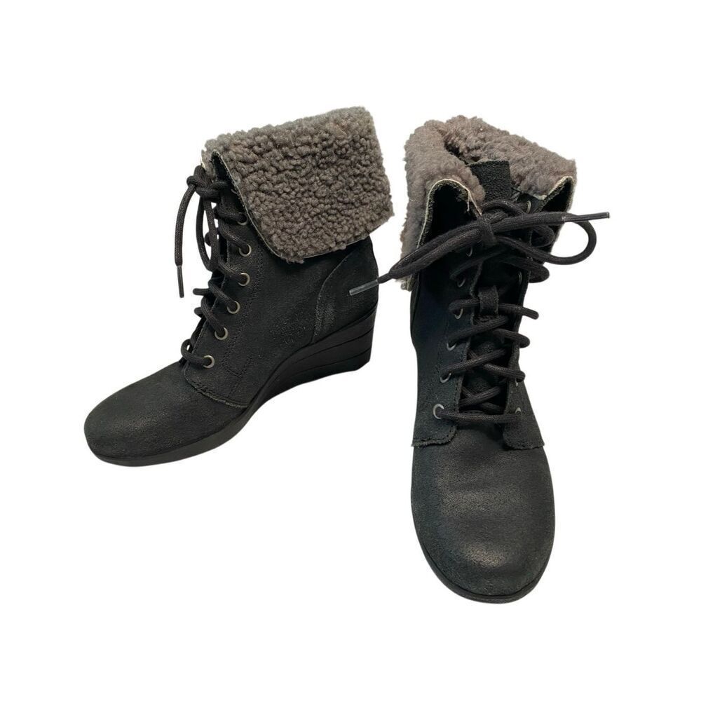 UGG Black Waterproof Wedge Lace Up Foldover Shearling Winter Boots Women 7